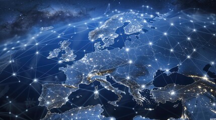 Poster - the map displays europe illuminated at night, highlighting major cities and a network of connections