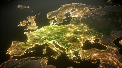 Poster - the map displays europe illuminated at night, highlighting major cities and a network of connections