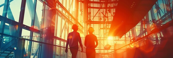 Aufkleber - Silhouetted construction workers walking through a building site at sunset. Modern industrial and urban development concept highlighting teamwork