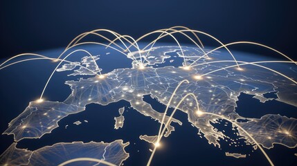 Poster - the map displays europe illuminated at night, highlighting major cities and a network of connections