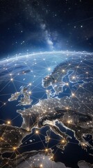 Poster - the map displays europe illuminated at night, highlighting major cities and a network of connections