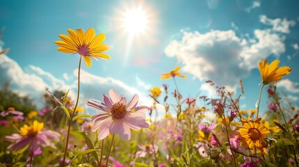 Sticker - a field of flowers with the sun shining through the clouds in the background