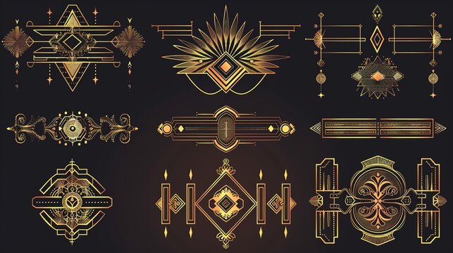 Collection of geometric art deco ornament. Luxury golden decorative elements with different lines, frames, headers, dividers and borders. Set of elegant design suitable for card, invitation, poster.