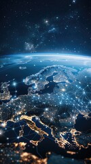 Poster - the map displays europe illuminated at night, highlighting major cities and a network of connections