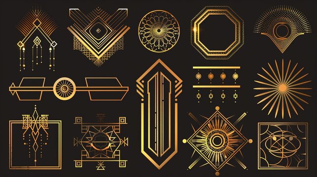 Collection of geometric art deco ornament. Luxury golden decorative elements with different lines, frames, headers, dividers and borders. Set of elegant design suitable for card, invitation, poster.