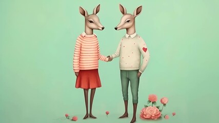 Wall Mural - Couple two cartoon deer in love in human clothes romantically holding hands on a date on valentine's day