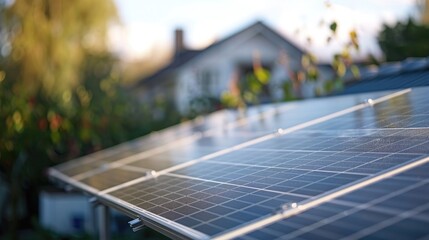 Sticker - Alternative energy source Solar panel on house roof with blurred background