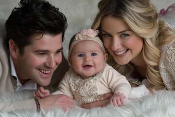 Cheerful family with baby captured in warm lighting perfect for joyful and intimate settings