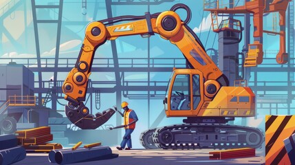 Poster - Large robotic arm operating in an industrial construction environment with an engineer. Integration of advanced technology in construction.