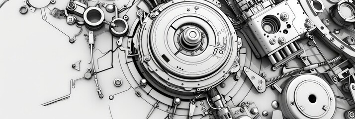 Poster - Top view of a highly detailed mechanical assembly with interconnected parts. Concept of advanced robotics and futuristic machinery.