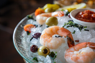 A plate of shrimp and vegetables is sitting on a glass plate with ice and a white bowl of sauce. The shrimp is fresh and cleaned and the vegetables include olives and tomatoes