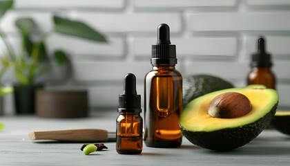 Wall Mural - Bottles of essential oil and fresh avocado on grey wooden table