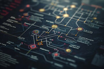 Poster - A detailed view showcasing a black background adorned with vibrant yellow and red circles, Intricate flowchart of mutual funds concept, AI Generated