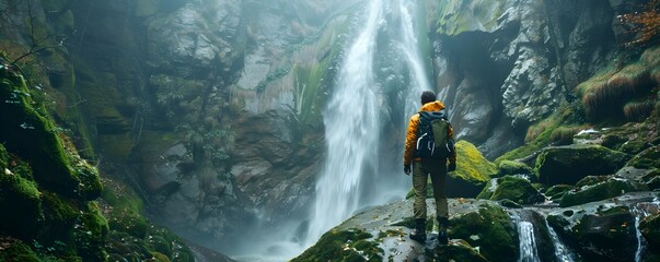 Poster - Hiker Admiring Cascading Waterfall in Moss Covered Cliff Landscape