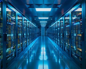 Poster - high tech data center with rows of servers and cooling systems for monitoring the infrastructure