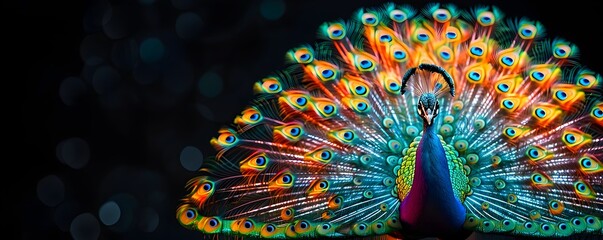 Aufkleber - radiant neon peacock with vibrant feather display against dark background