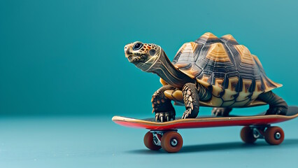 Turtle on a skateboard on a blue background.