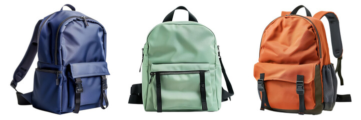 Set of modern school backpack front view isolated on a transparent background