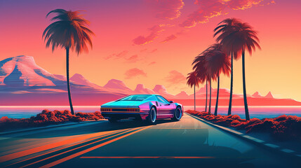 Sticker - Car ride on the morning road in 80s retro synthwave or 00s vaporwave style.