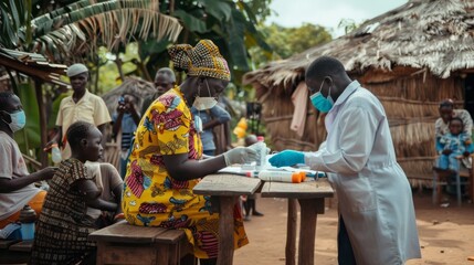 Poster - A doctor is giving a shot to a woman in a yellow dress
