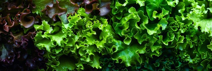Poster - Detailed texture of fresh green and purple lettuce leaves. Ideal for food backgrounds and salad recipes.