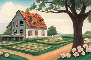 Sticker - landscape with houses