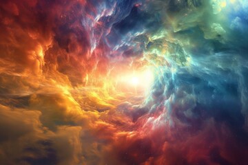 Poster - A bright light shines through a cosmic portal opening into a swirling mass of colorful nebulae, creating a breathtaking celestial scene