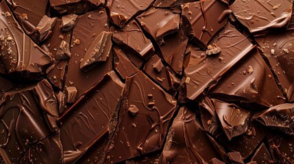 Poster - Close-up of cracked dark chocolate pieces with a glossy finish. Ideal for food backgrounds and rich textures.