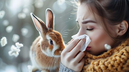 Young woman with runny nose sneezing near her pet rabbit in winter landscape