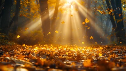 Canvas Print - Serene Autumn Forest with Magical Sunlight Filtering Through Golden Leaves