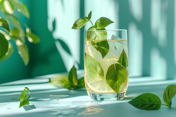 Canvas Print - Refreshing Lemon Mint Tea with Ice in Glass Cup on Green Background