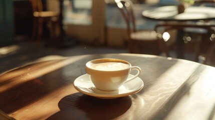 Wall Mural - Cappuccino on cafe table in morning light