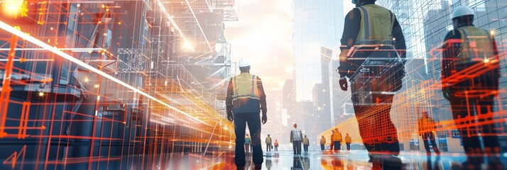 Poster - Engineers walking through modern construction site with digital overlays representing urban development. Integration of technology in construction.