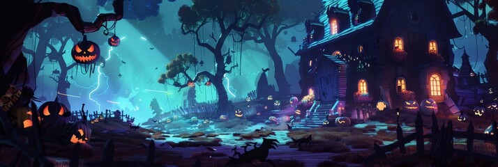 Wall Mural - A whimsical Halloween scene featuring a haunted house, glowing pumpkins, spooky trees, and a mysterious figure.