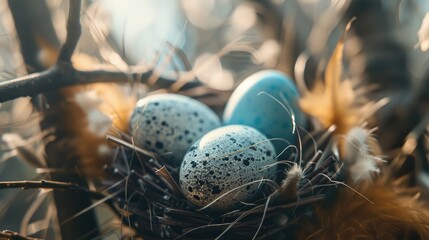 Canvas Print - Brown and blue Easter eggs nestled in feathers and branches with selective focus and toning