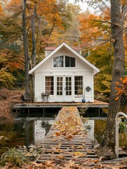 Sticker - A cozy white lake house with a wooden dock leading to it, surrounded by vibrant autumn foliage. This image symbolizes peace, tranquility, nature, fall season, and escape.