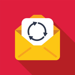 Poster - open yellow envelope containing letter with rotating circular arrows renew subscribe update icon