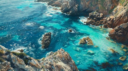 Sticker - A breathtaking aerial view of turquoise ocean water lapping against a rugged coastline, showcasing the beauty of nature's contrast, with the vibrant blue water complementing the rocky cliffs.