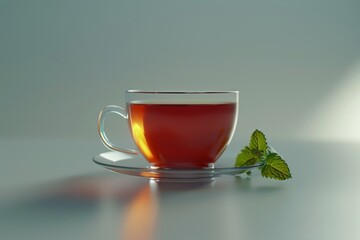 Sticker - Elegant Cup of Black Tea with Mint on Reflective Surface and Soft Lighting