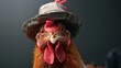 © Mickey - A close-up shot of a chicken wearing a hat, looking directly at the camera with a comical expression. The image symbolizes humor, individuality,  unexpectedness,  and animal intelligence.