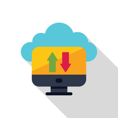 Poster - computer uploading and downloading data with cloud backup above, data storage and information transf