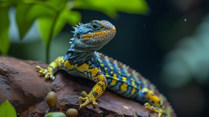 A colorful spiny lizard perched on a branch, displaying vivid blue, yellow, and orange patterns. The lush green background enhances its striking appearance, making it a captivating subject for