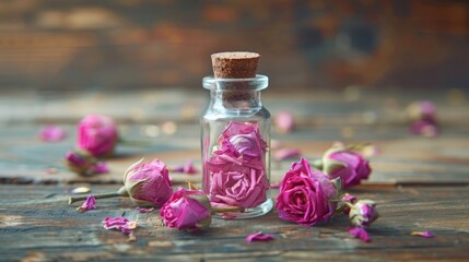 Wall Mural - Natural cosmetic product in small glass bottle with dried pink roses on wooden background