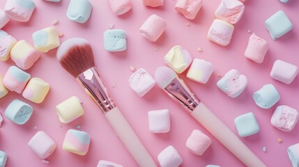 Wall Mural - Stylish beauty blogger concept with feminine nail polish accessories and unicorn makeup brushes on pink backdrop decorated with trendy pastel marshmallows creating a flat lay display