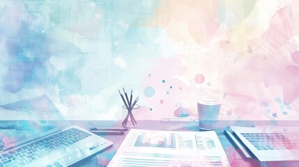 Wall Mural - A serene workspace with two laptops, papers, pencils, and a cup of coffee on a desk. The background features abstract watercolor washes in soft pastels. The image symbolizes productivity, creativity, 