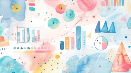 Poster - A vibrant and colorful watercolor illustration featuring abstract charts and graphs, symbolizing growth, progress, data analysis, business strategy, and creativity.