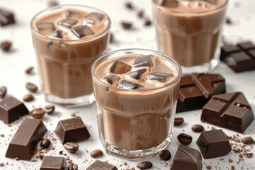 Poster - Iced Chocolate Drink with Milk and Chocolate Chunks on White Surface