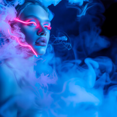 Wall Mural - Fashion surreal Concept. Woman girl surround dissolve in neon purple blue swirling flowing smoke fog with abstract, graphic highlighters pink ultra-bright neon lines on eyelash eye. copy text space 