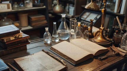 A vintage laboratory with a open book on a wooden table, surrounded by glassware, suggesting a scene of scientific discovery or alchemical experimentation.