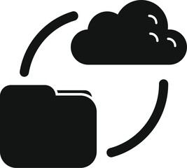 Sticker - Black solid icon of a folder receiving data from a cloud, representing cloud storage and data transfer